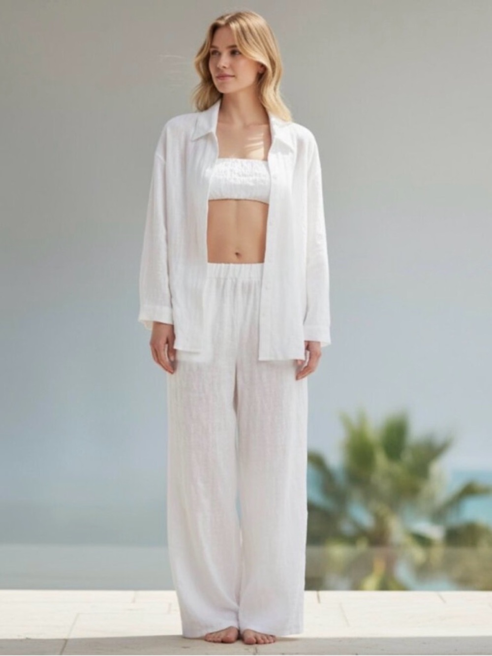 Nordstrom White Textured Crinkle Cover-Up Two-Piece Long Sleeve and Pants Set